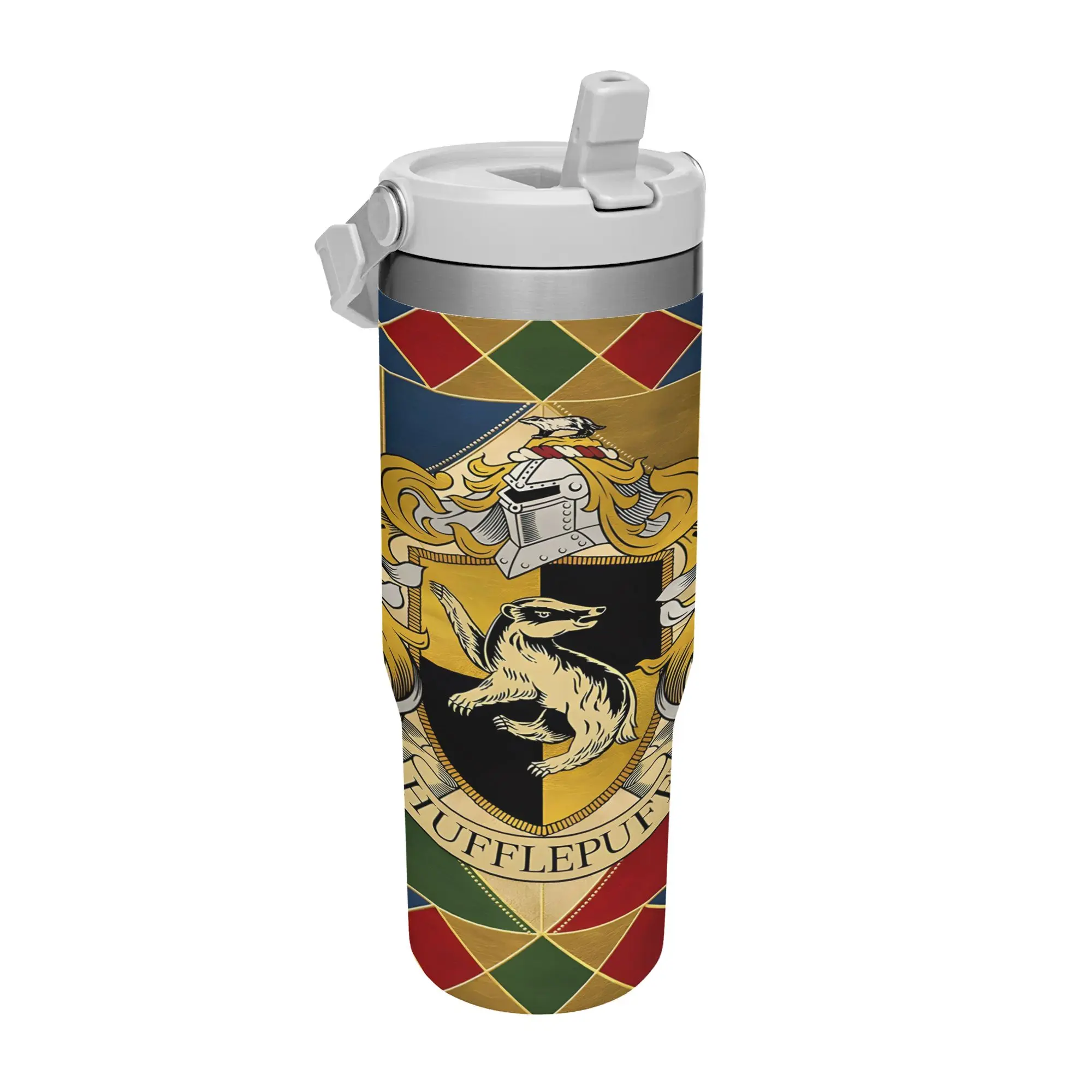 WB Harry Potter Hufflepuff House Crest Diamond Flip Straw Tumbler 30oz Stainless Steel Vacuum Mug, Leakproof Travel Cup, Badger House Heraldry Print, Hufflepuff Wizard Fan Gif