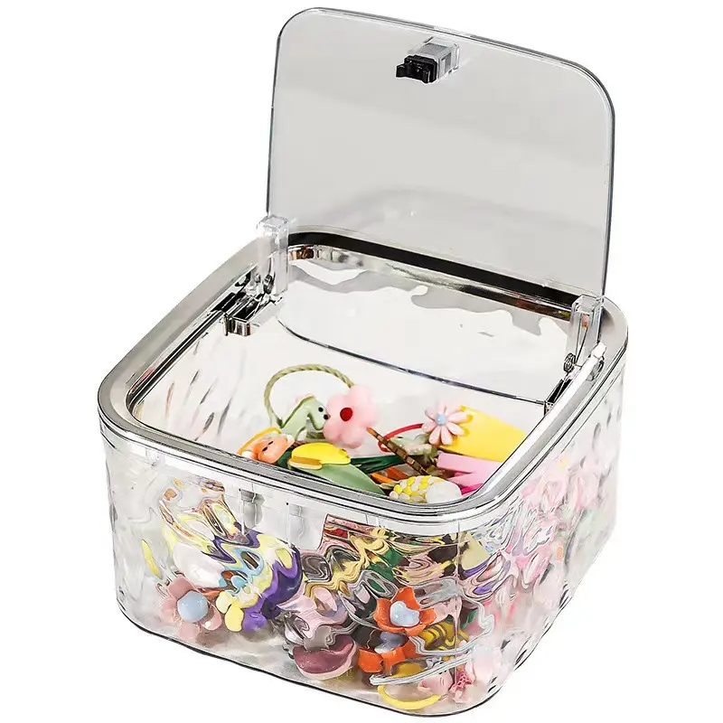 Large Transparent Water Ripple Plastic Storage Box with Press-Flip Lid, Shatterproof Thick Sealed Desktop Container for Vanity, Unisex Hair Accessories Organizer for Clips, Scrunchies, Elastic Bands