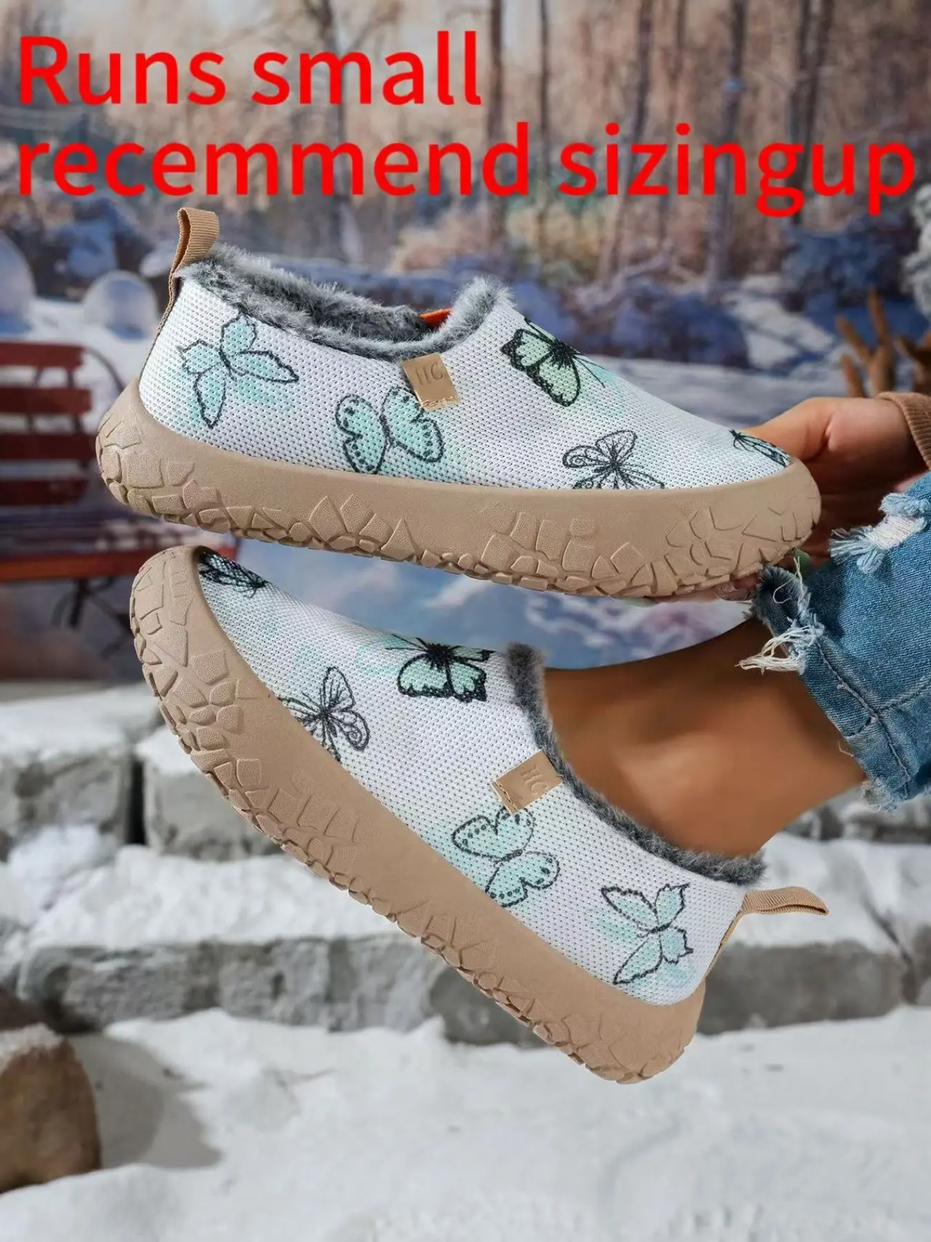 New women’s fashion comfortable butterfly print warm fuzzy shoes, thick sole anti-slip casual cotton shoes for home and outdoors