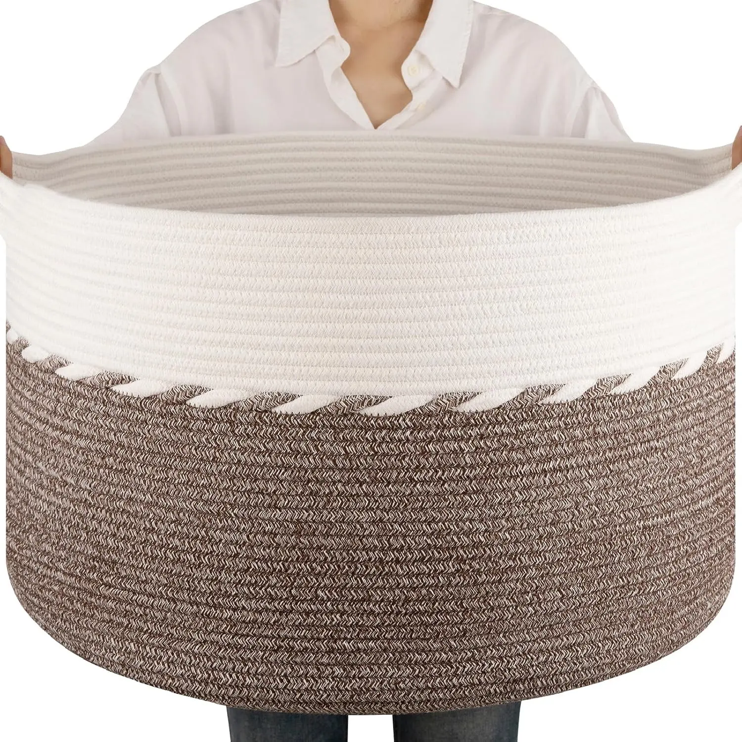 90L Extra Large Blanket Basket - Decorative Cotton Rope Storage Basket for Bedroom, Living Room & Nursery - Woven Laundry Hamper for Organizing Blankets, Clothes & Toys - Brown & White