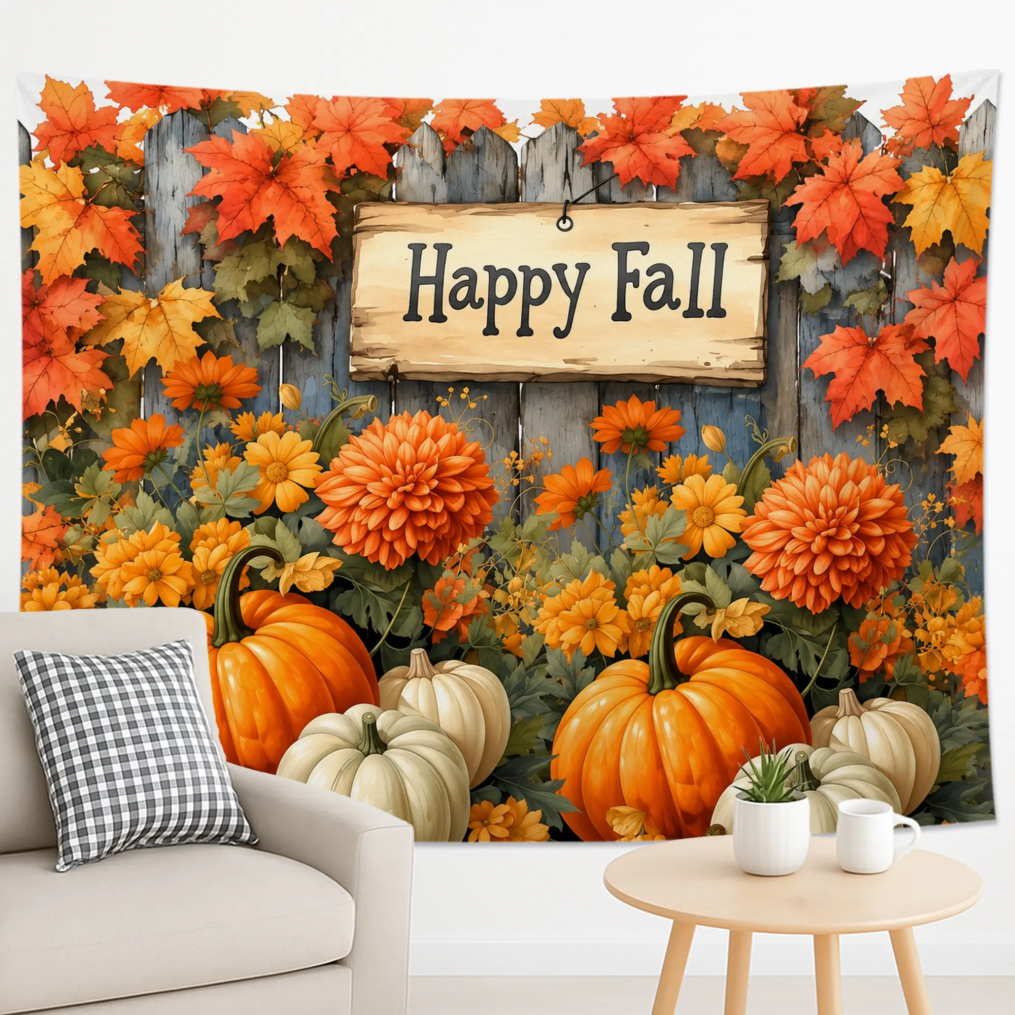 1PC Fall Pumpkin Floral Tapestry, Vintage Wooden Fence Maple Leaf and Happy Fall Print, Farmhouse Seasonal Wall Decor for Living Room Bedroom