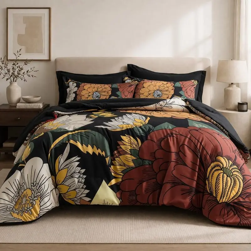 Black Boho Floral Comforter Set Queen Size, 3-Piece Reversible Botanical Bedding Set with 2 Pillow Shams, Soft Lightweight Mid Century Farmhouse Comforter for All Season Bedroom Decor