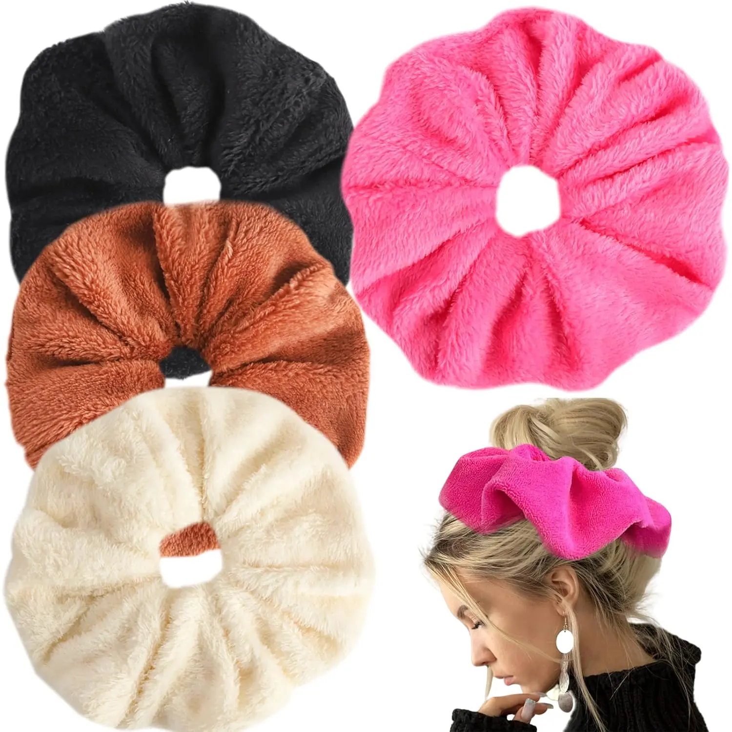 Women's 4PCS Solid Velvet Oversized Scrunchies - X-Large/Large Female Ponytail Holders, Sleep & Everyday Plain Hair Accessories (Black, Beige, Blue, Pink)