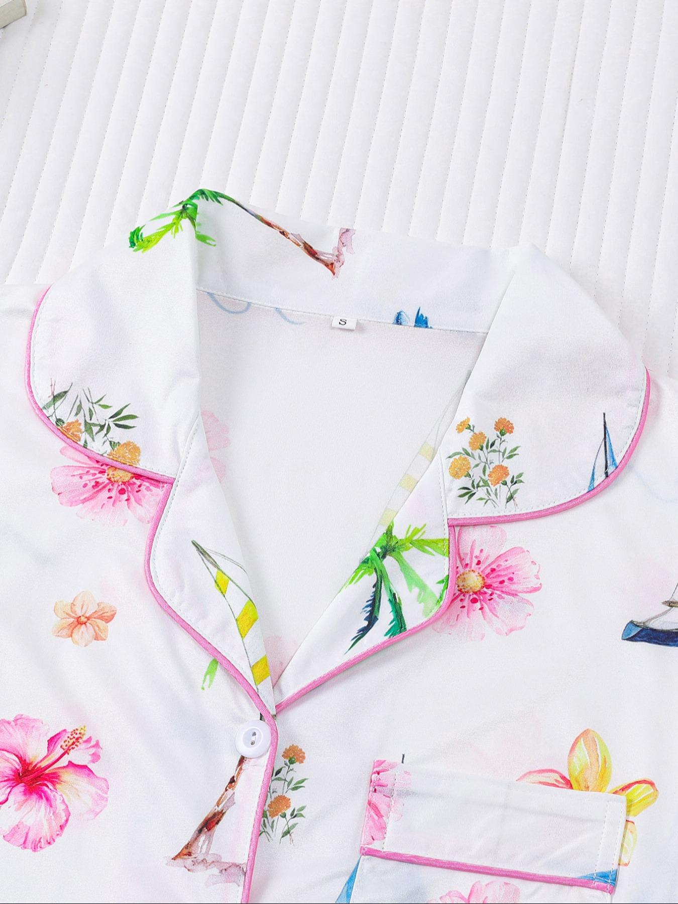 Women's Hawaiian flower Print Pajama Set, 2 Piece Summer Sleepwear, Comfortable Shirt Collar Short Sleeve Top & Elastic Shorts
