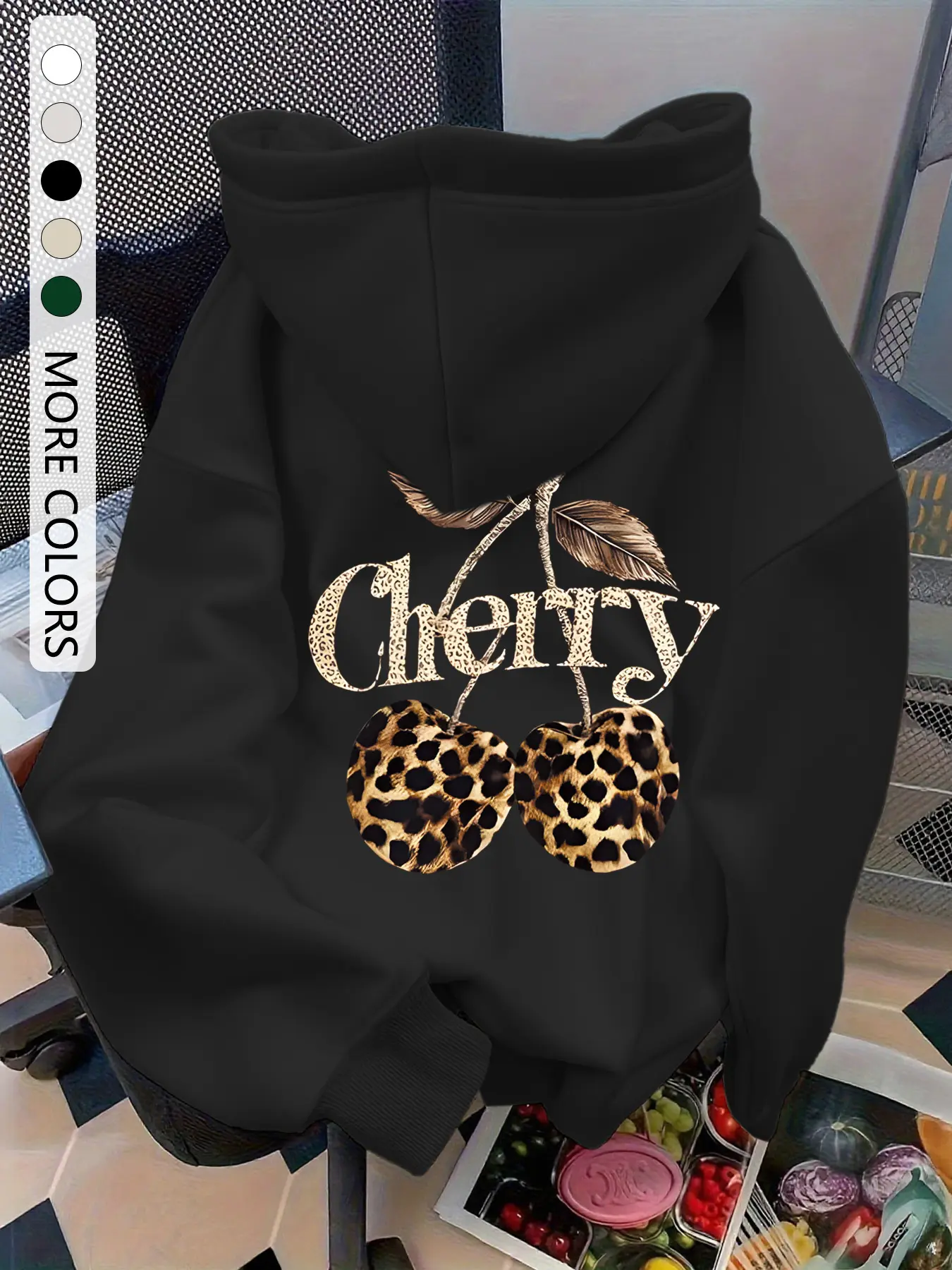 Women's Leopard Print Cherry Hoodie with Kangaroo Pocket, Drawstring Shoulder Slouchy Sleeves, Casual Loose Fit Sweatshirt for Fall, Casual Hooded Sweatshirts