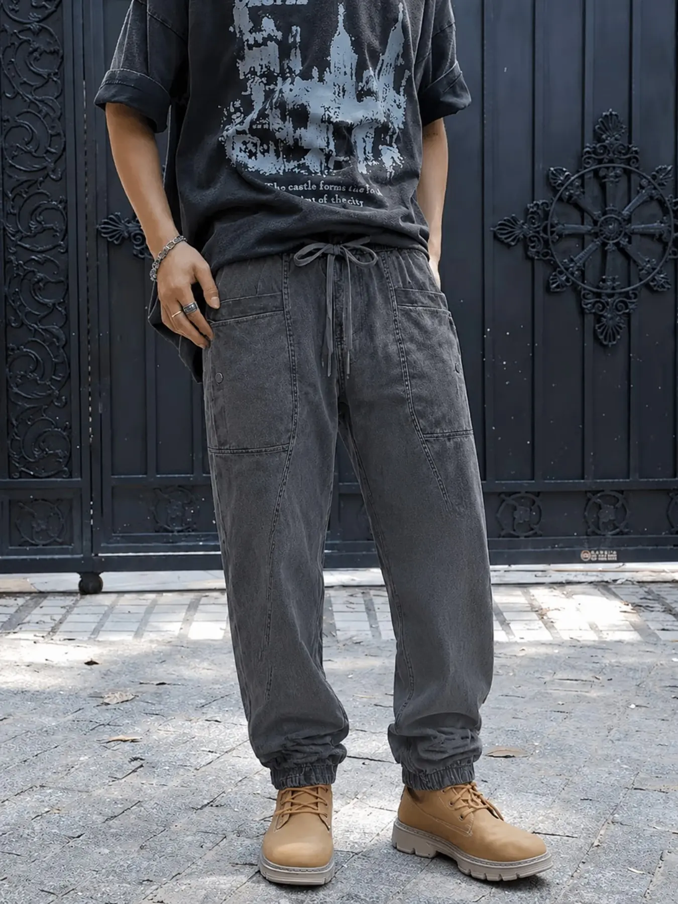 Men’s Charcoal Gray Washed Denim Jogger Pants with Drawstring Waist, Utility Pockets and Elastic Cuffs, Relaxed Fit Casual Jeans