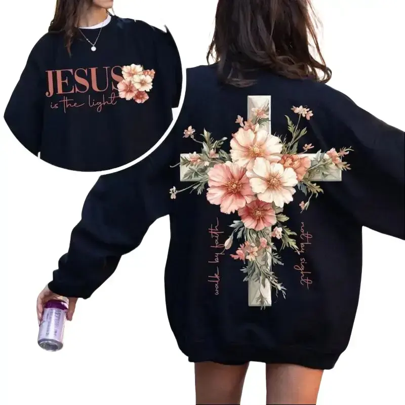 Women's Long-Sleeves Round Neck Oversized Cotton Hoodie - Jesus Is The Light Floral Cross Double-Sided Graphic, Soft Casual Faith Christian Outfit, Perfect Easter Gift For Her Believer Mom