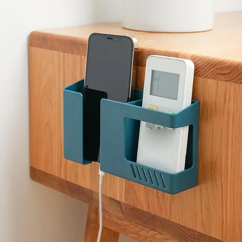 [Matte Finish Office Organizer] Wall-Mounted Dual Compartment Remote Control Organizer | Handy ABS Storage Box with Phone Charging Holder - Matte Finish, Rectangular for Daily Office Supplies