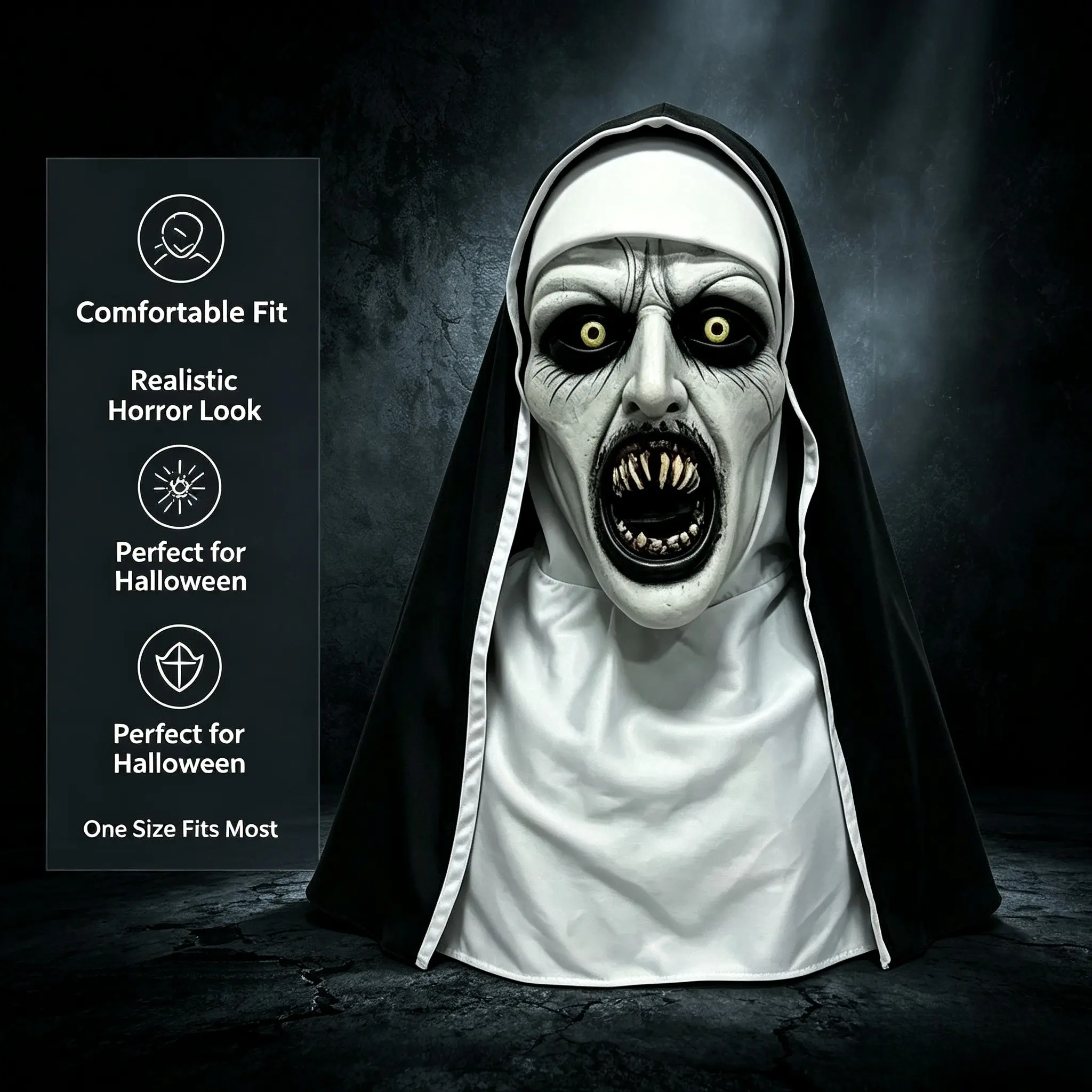 Halloween Horror Nun Mask, Hyper Realistic Mask, Mask Cosplay, Spooky, Synthetic Latex, Hand Wash, Street Style Horror Costume Accessory, Party Props, Perfect for Halloween Parties
