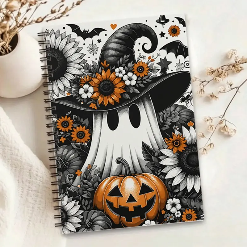 1pc Halloween Themed Notebook, Cute Ghost Pumpkin Sunflower Design, Hardcover Inner Pages Portable Journal, Creative Notepad for Students Office Workers Daily Recording