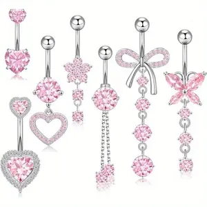 7-Piece Dangle Belly Button Rings for Women, 14G Surgical Steel & CZ Heart Butterfly Jewelry Set, Hypoallergenic with Secure Screw Top