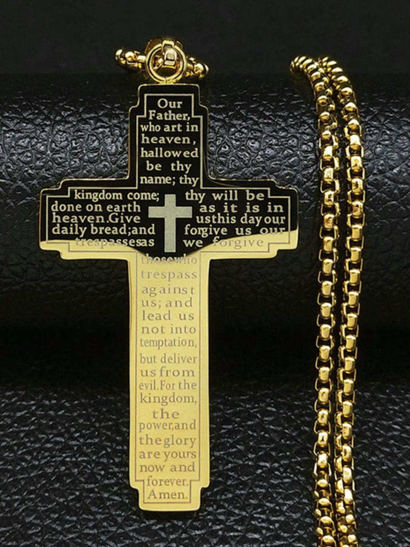 Christian Bible Cross Chain Necklace, Stainless Steel Pendant Necklace for Men, Religious Prayer to Jesus Cuban Cross Necklace