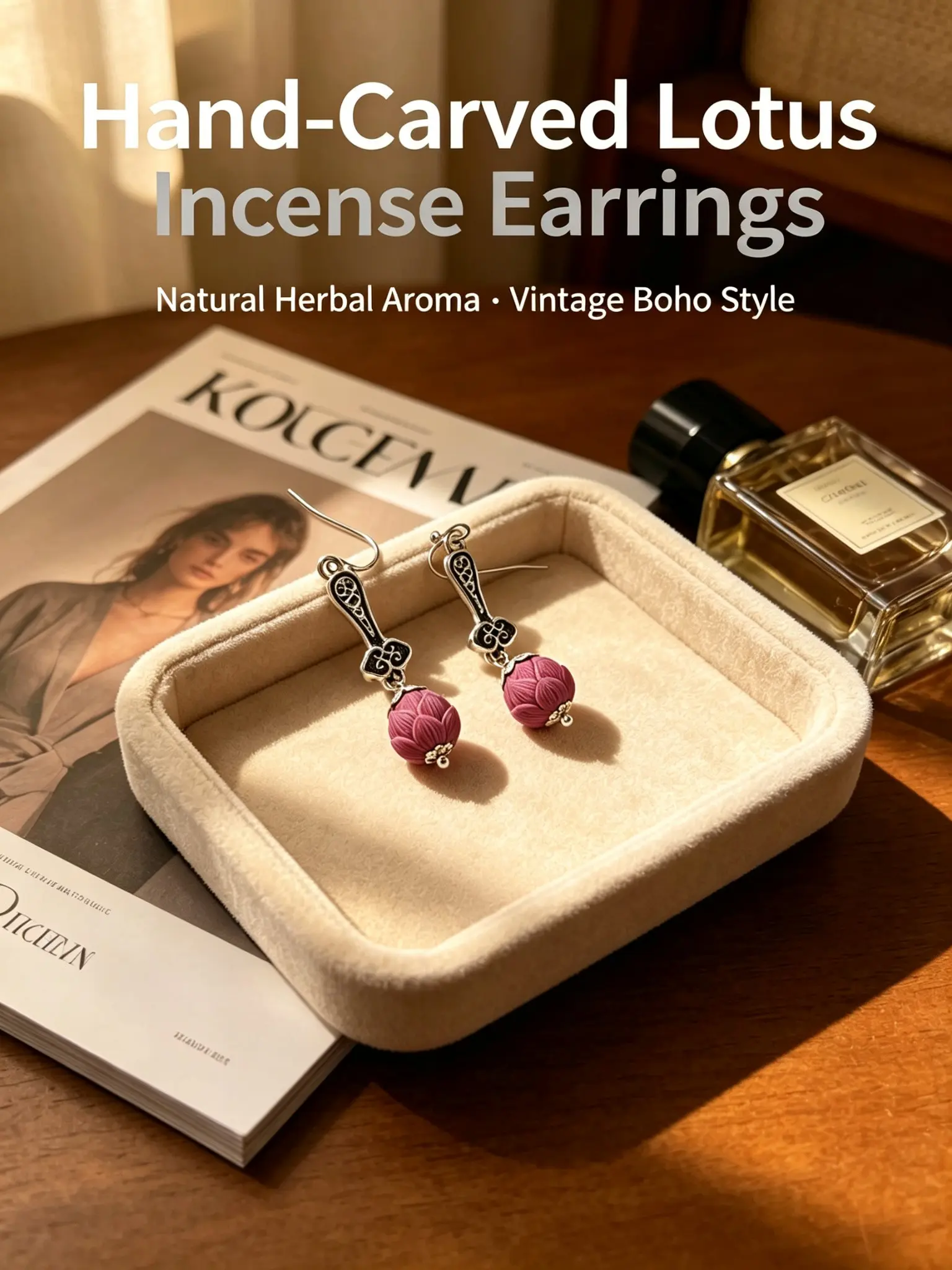 Handcrafted Lotus Scented Bead Earrings, New Traditional Style, Silver Color Wish Hook, Ideal for Women Lovers of Fragrance Jewelry