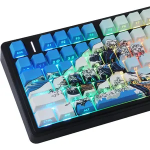 PBT Keycaps 75 Percent,Side Print 131  Custom Dye Sub Cool Shine Through Keycap Set,Wave of Kanagawa Light/Sky Blue Keycaps Cherry Profile Keyboard Key Caps for Mechanical Keyboards