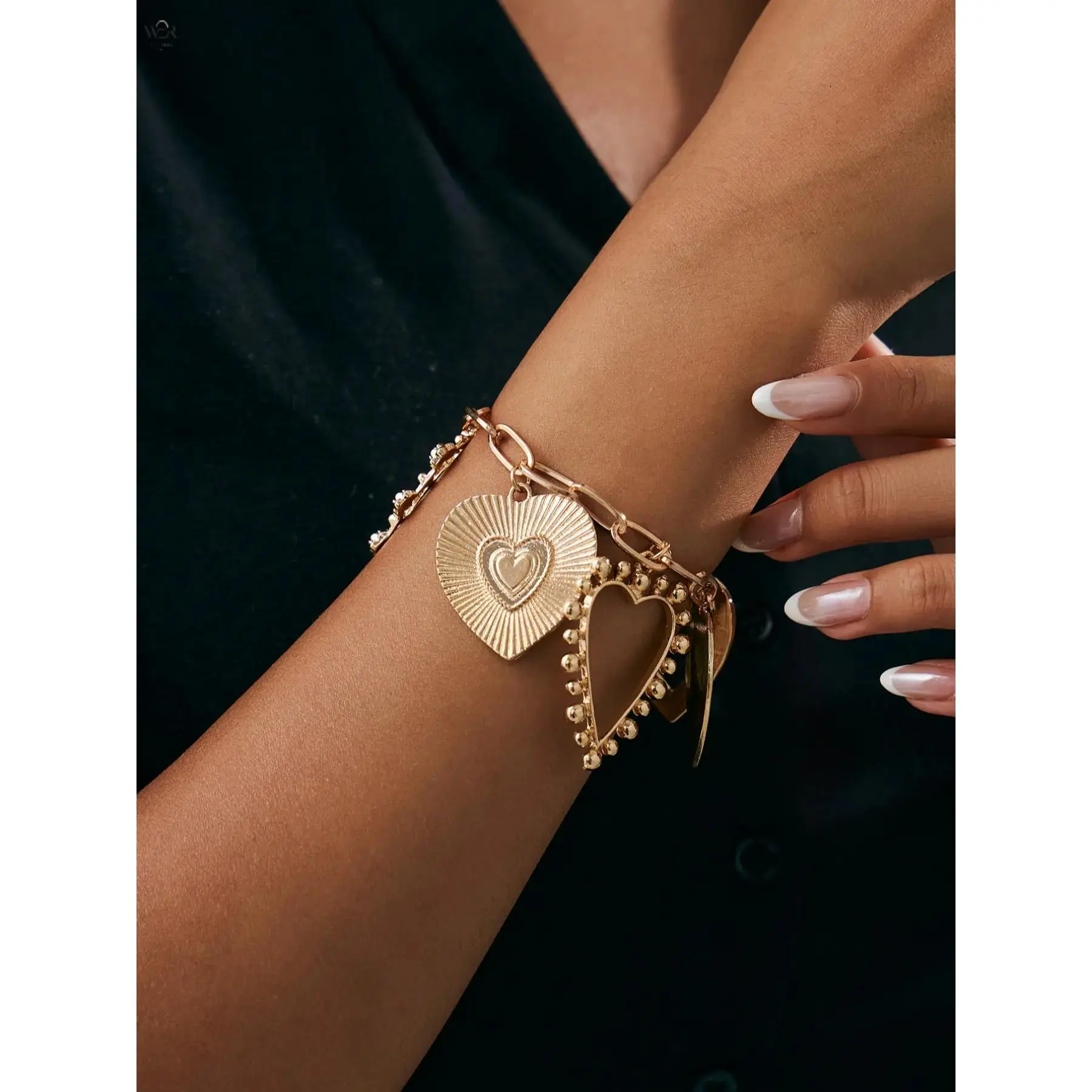 2 Tone Multi Heart Charm Paperclip Chain Bracelet 16cm+5cm Extender 26.3g, Gold/Silver Vintage Sunburst Heart Pendant Bangle, Adjustable Chunky Statement Wrist Jewelry for Daily Dating