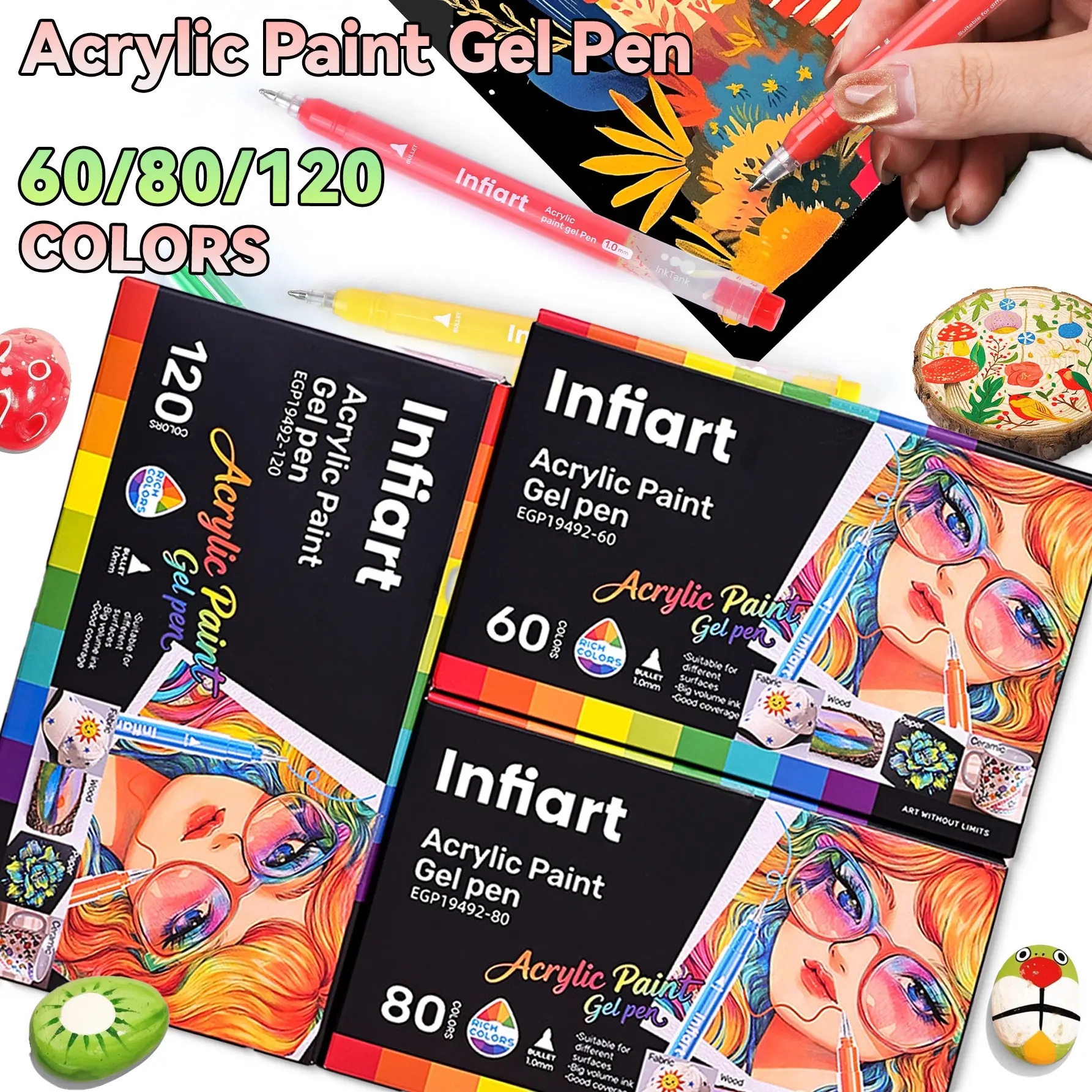Infiart Acrylic Gel Pen Set, 60/80/120 Colors, Stackable Ink, 1.0mm Tip, Full Color Large Capacity, Art Supplies for Drawing and Anime, Drawing Tools