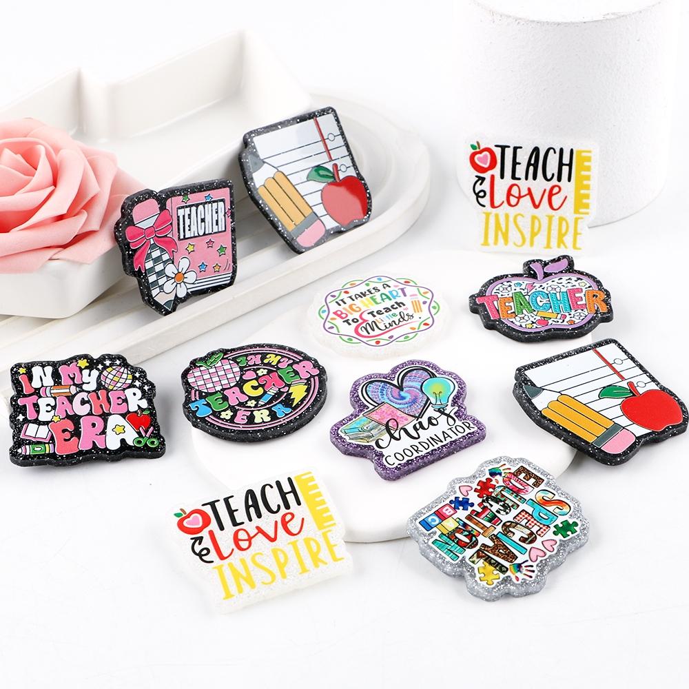 Teacher Theme Acrylic Resin Flat Back Charms, No-Hole Multi-Color DIY Craft Supplies for Badge Reels, Phone Stands, Hair Clips, DIY Jewelry Accessories