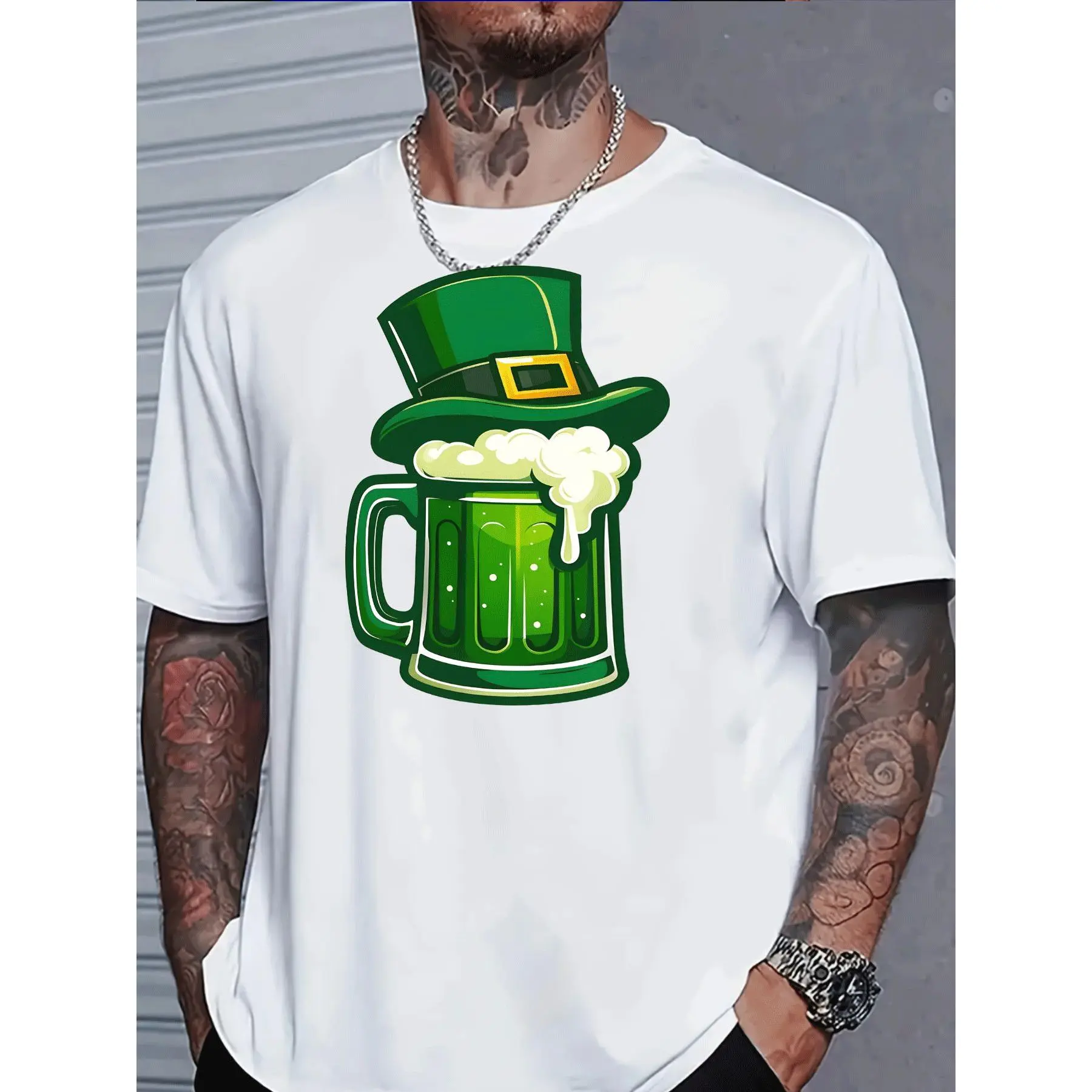 Men's Short-Sleeve Round Neck Green Classic Casual Streetwear T-Shirt with Festive Leprechaun Hat Print, St. Patrick's Day Party Outfit, Shortsleeve, Stylish, Tshirt