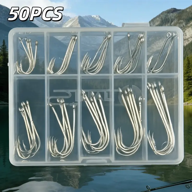 50pcs Long Shank Barbless Fishing Hooks Set Fishing Tackle Outdoor Fishing Supplies - 10 Sizes (3#-12#) High Carbon Steel with Storage Box for Saltwater & Freshwater Fishing