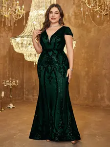 Elegant V-Neck Sequined Embroidered Evening Dress, Waist-Cinch Party Gown, Solid Color Formal Wear, Perfect for Gala Events