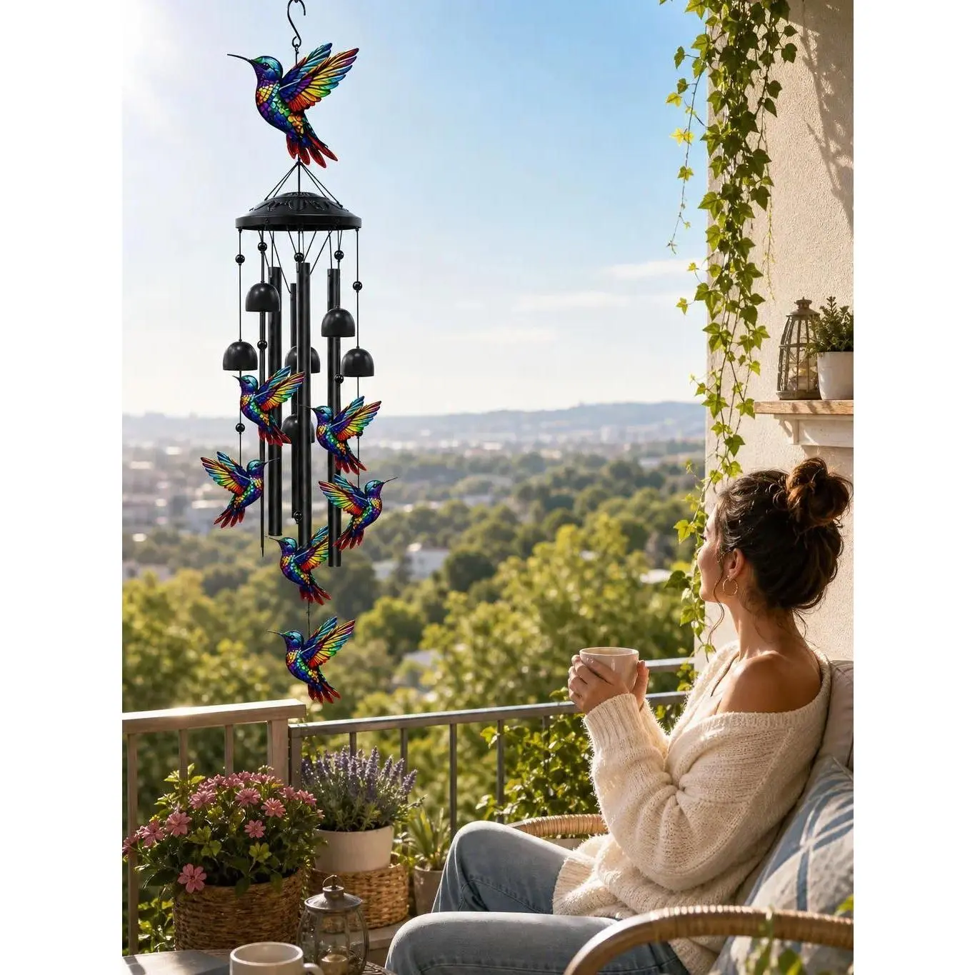Hummingbird Wind Chime - 35.4in Metal Spiral with Rainbow Bells, Hanging Musical Patio Decor for Mother’s Day, Memorial Gifts (Rainbow Birds Themed Fashion Accessory), Windchime, Hanging Wind Chime
