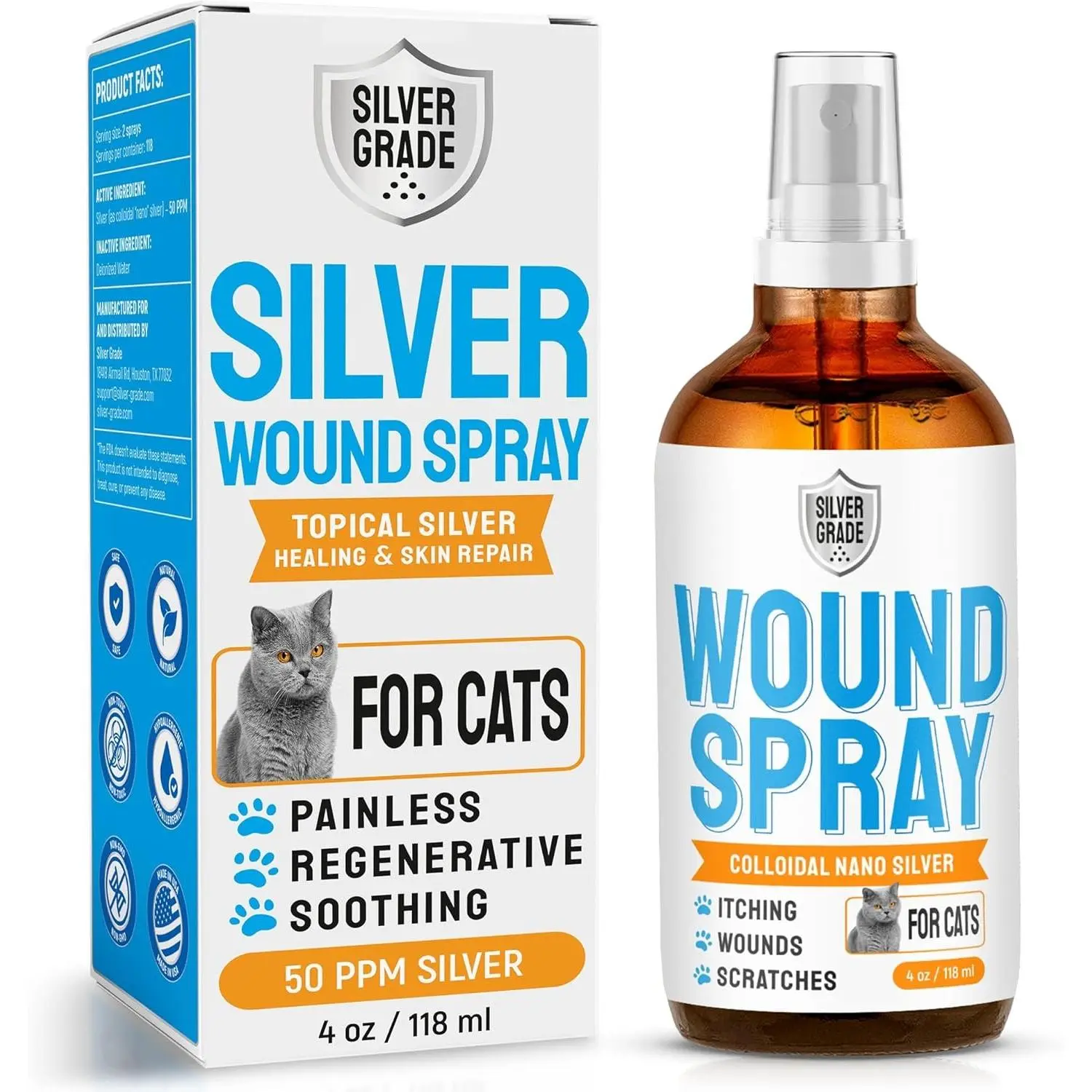 Cat Silver Wound Care Spray, 4 Oz Safe Formula for Wounds, Rashes, Hot Spots, Itch, Scratching, Irritation, Bites, Burns, Prevents Licking