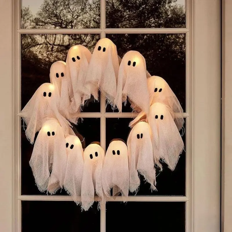 1 Set White Ghost Halloween Wreath Indoor Outdoor Hanging Decor for Front Door Wall Party