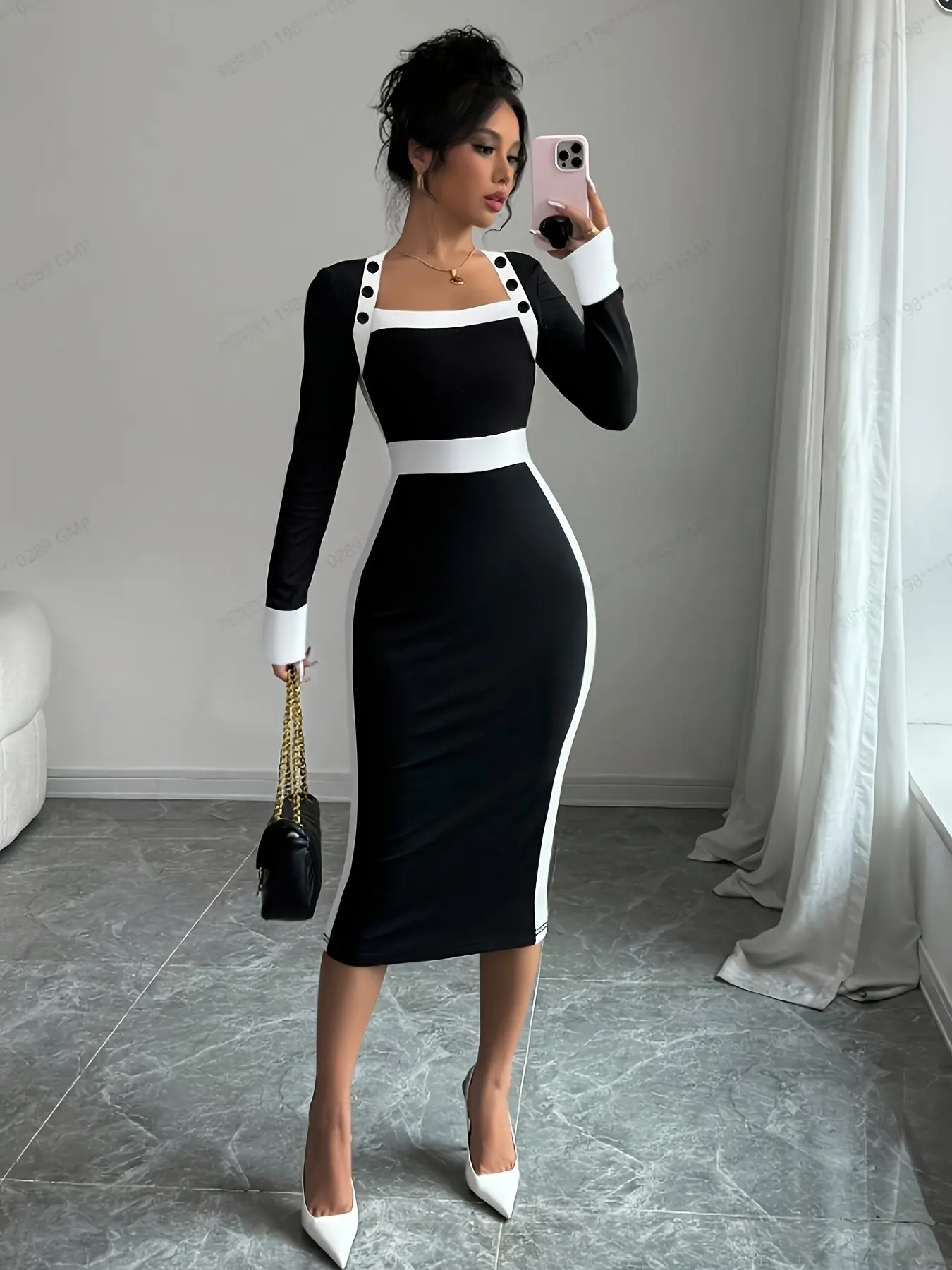 Muse Style Dress, Square Neck Colorblock Button Waist Long Sleeve, Milk Silk Texture, Unique Vintage Bridesmaid Gown