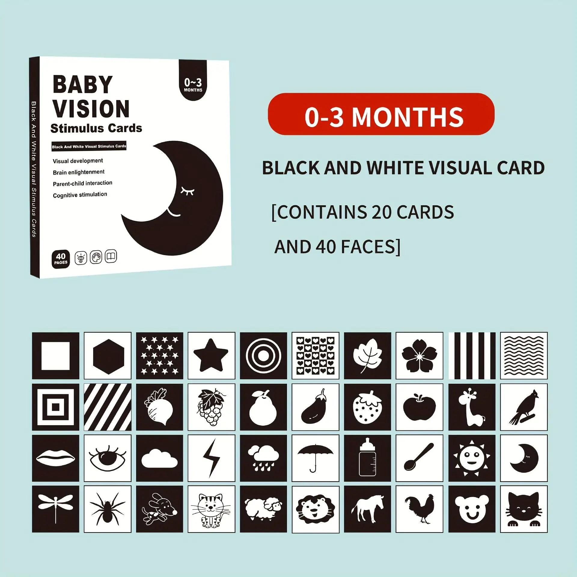 Unisex Baby Vision Stimulus Paper Cards - 0-3 Years Early Learning & Cognitive Development Flashcards with Simple English Phrases, Colorful Illustrations, Playful Design, Durable Paper