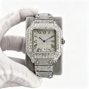 Hot Popular Shiny Square Wrist Watch For Men, Entire Case And Dial Covered With Sparkly Simulated Zircon Stones, Sturdy Adjustable Metal Wrist Band, Lightweight Waterproof Quartz Watch, Versatile Fashion Ornament For Daily Commute, Club Gatherings And Eve