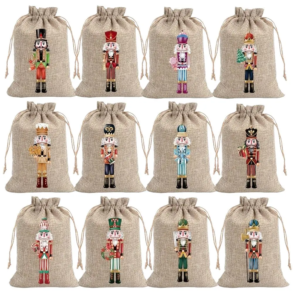 8/24 Christmas Nutcracker Burlap Gift Bags, Reusable with Drawstring, Random Patterns, Small Nutcracker Gift Bags, Holiday Jewelry Bags