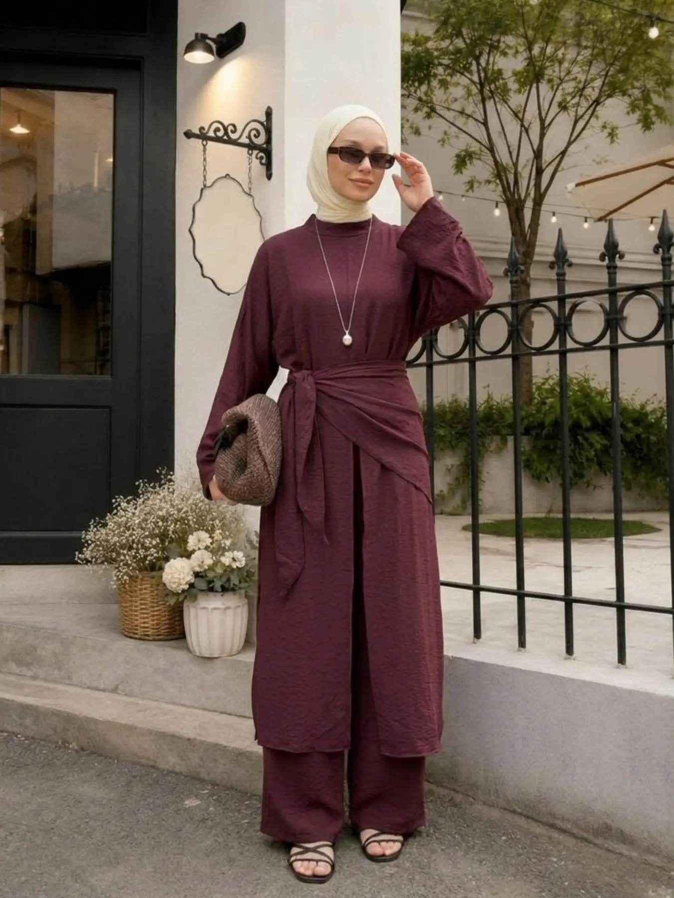 3 Piece Set Fashion Split Long Top Wide Leg Pants with Belt Pockets Zipper, Stylish and Unique Clothing Ensemble, Fashion Muslim Set, Islamic Clothing Set