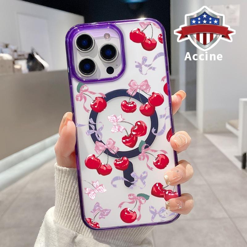 Magnetic Soft Case for iPhone 16 Pro Max 15 Plus 14 13 12 11 XS E XR Cherry - Bow Enchantment Pattern Shockproof ultra-thin Silicone Crystal Transparent Protective Cover Supports Wireless Charging