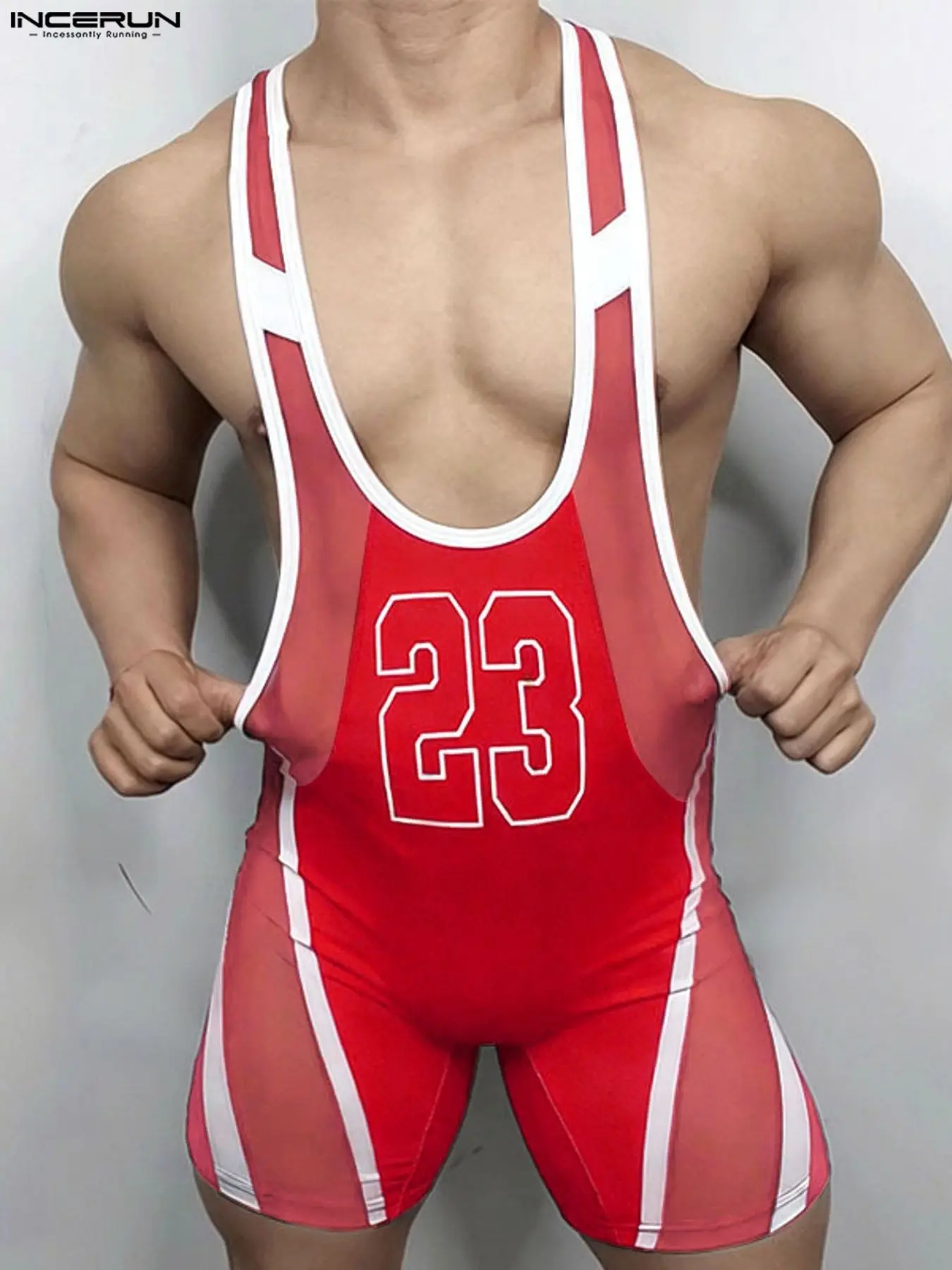 INCERUN Men's Sporty Mesh Print One-Piece, Outdoor Sportswear, Gym Workout Sportswear, Outdoor Fitness Wear, Comfortable & Stylish Design, Ideal for Gym & Outdoor Activities