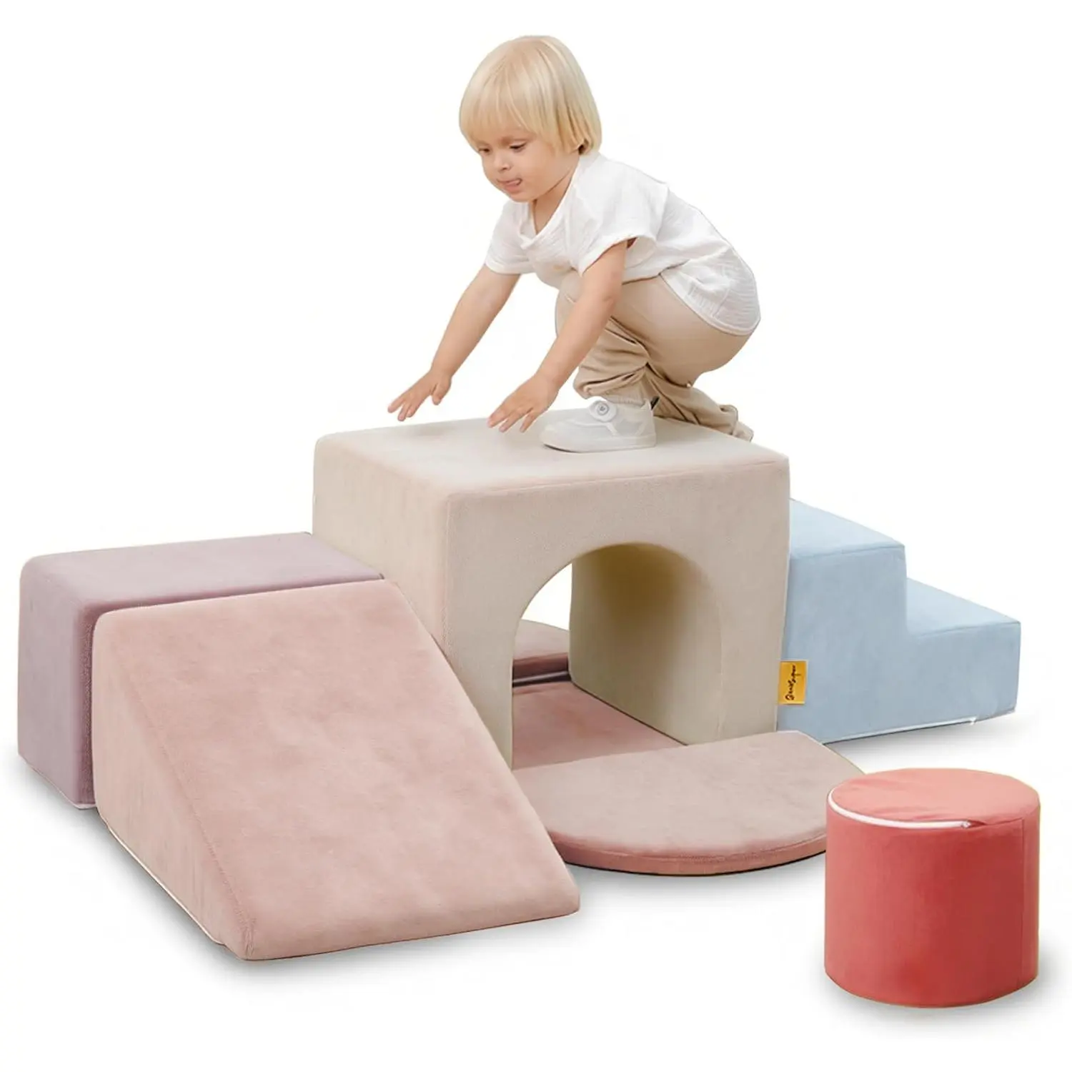 7-Piece Montessori Foam Blocks Playset for Babies 0-3 Years, Indoor Climbing & Stacking Toy for Gross Motor Development with Washable Covers, Pink & Blue