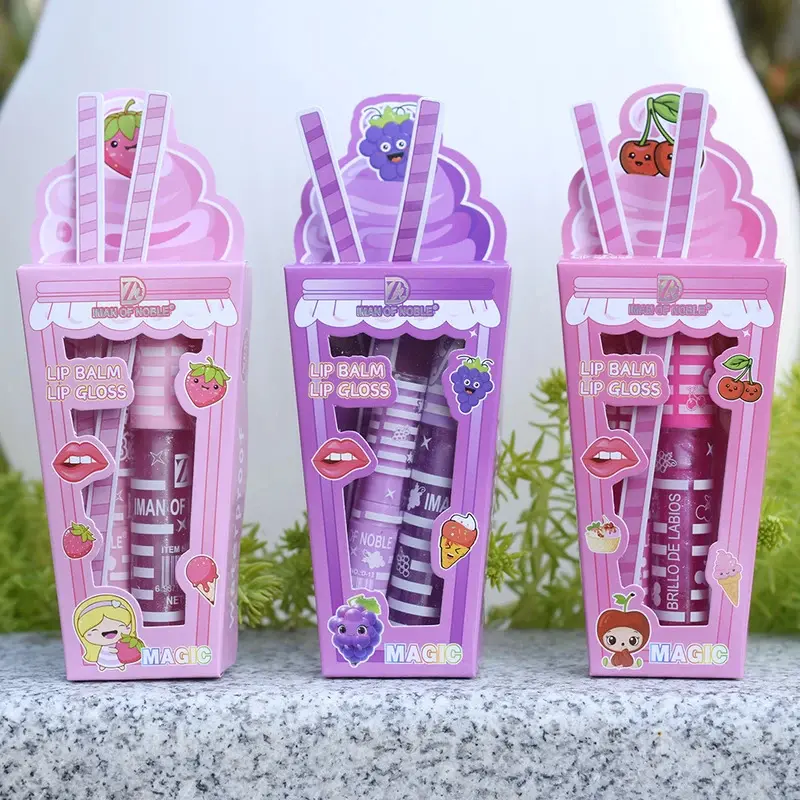 Cute Ice Cream Shiny Lip Gloss Lip Balm Set Girls Woman Waterproof Longlasting Natural Moisturizing Lips Makeup