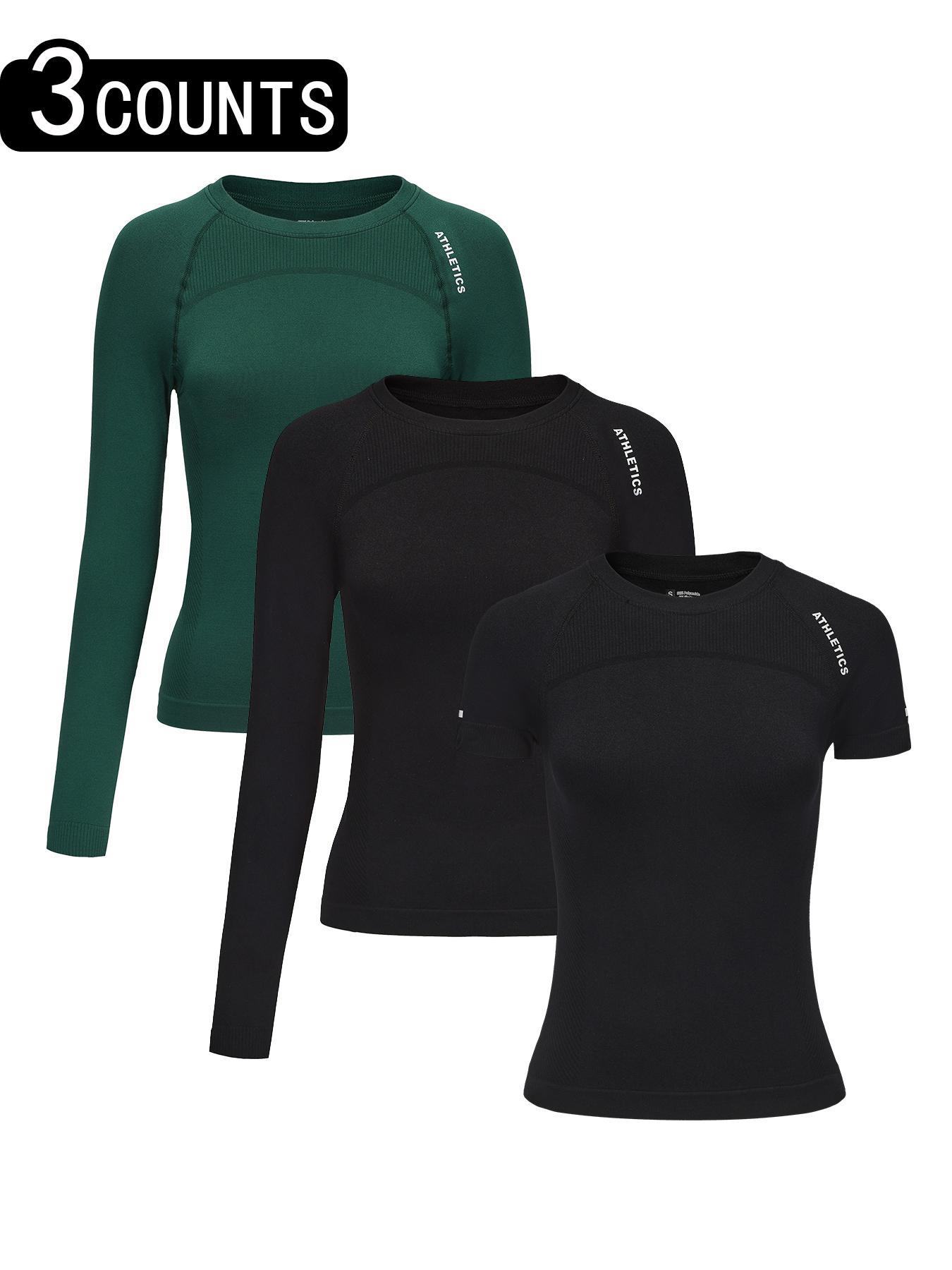 Women's Letter Print Baselayer Top, Long Sleeve Round Neck Compression Top for Yoga Gym Workout, Ladies Sportswear for Fall & Winter, Athletic Compression Shirt, Fitness Clothes Tops