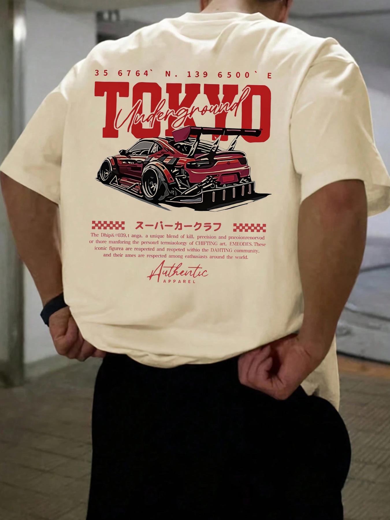 Men's Regular Fit Car & Letter Print Round Neck Tee, Street Fashion Casual Short Sleeve T-shirt for Daily Wear, Men's Top for All Seasons, Tropical, Streetwear