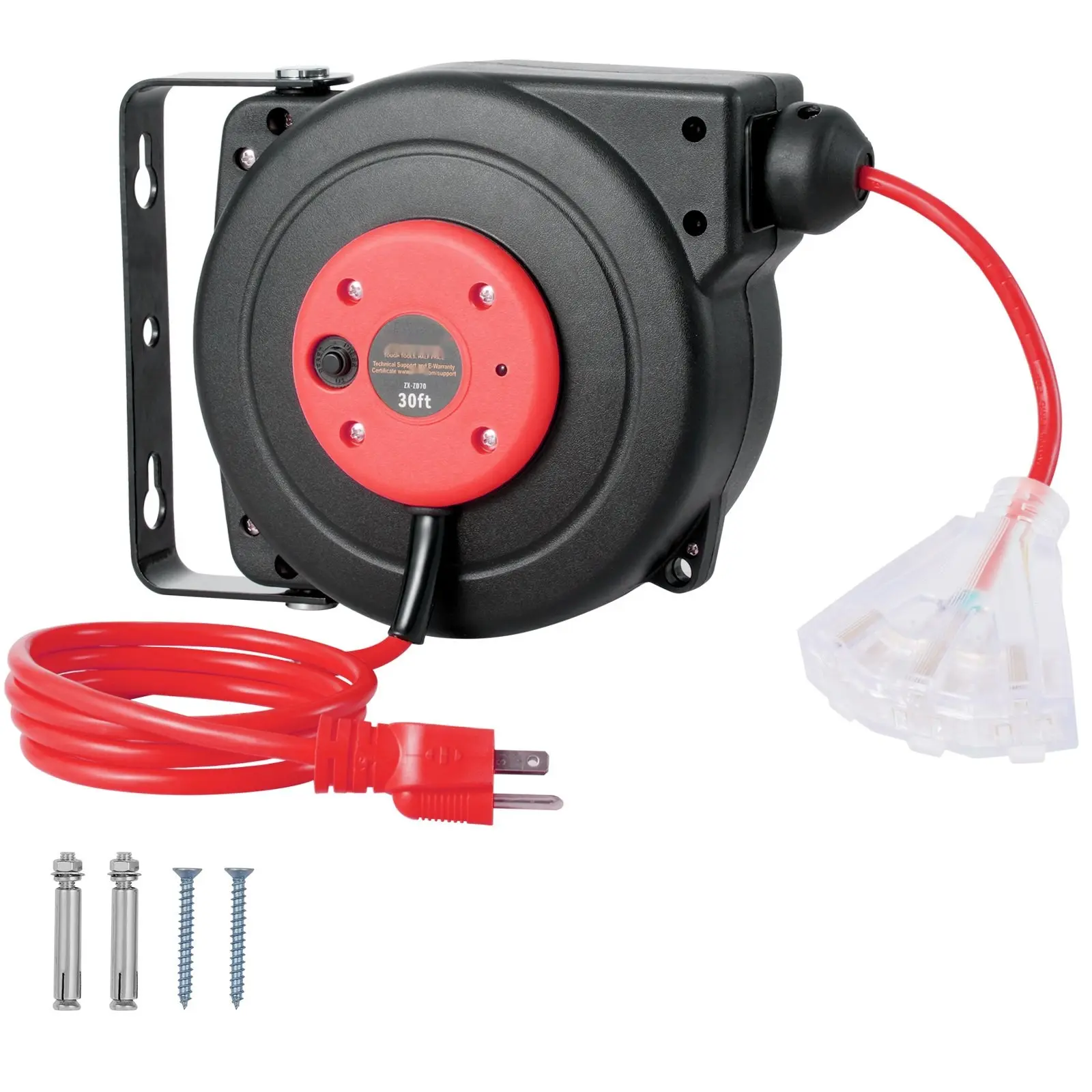 Retractable Extension Cord Reel With 30 Ft 16 AWG Three-Conductor SJTOW Power Cable, Heavy Duty Cable Reel For Workshop, Garage, And Outdoor Use, Auto-Rewind, Cable Management, Durable Construction