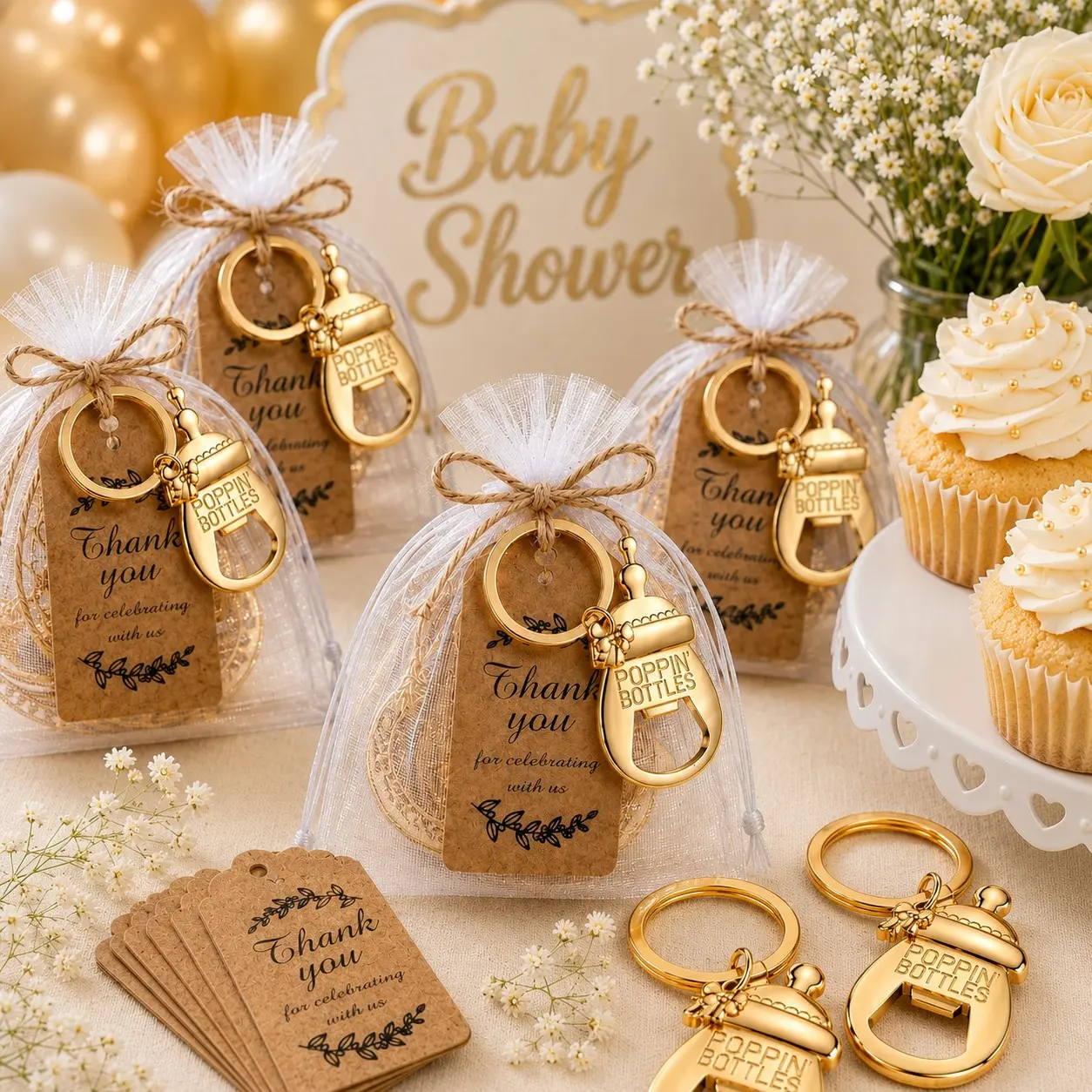 10/20 Sets Baby Shower Favors for Guests, Gold Baby Bottle Opener Keychains with White Organza Gift Bags, Kraft Thank You Cards and Jute Twine, Gender Reveal Party Gifts, Baptism and Christening Favors, Birthday and Guest Keepsakes