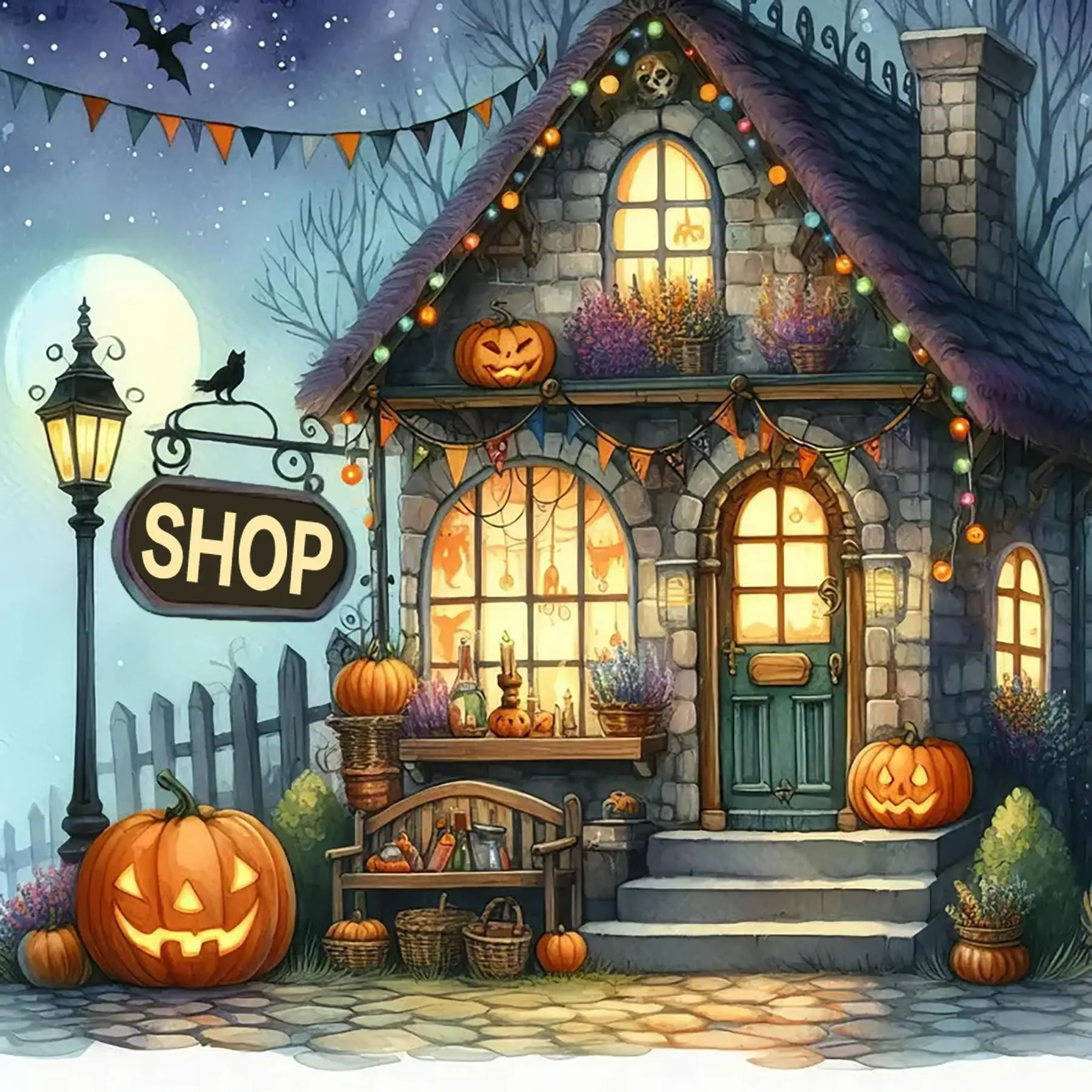 5D Diamond Art Kits for Adults, Halloween Shop Painting for Beginners, DIY Full Round Drill Diamond Dots, Dimond Art Paintings, Gem Paint by Diamonds Kit, Cozy Spooky Pumpkin Magic House, Holiday Home Wall Decor Gifts