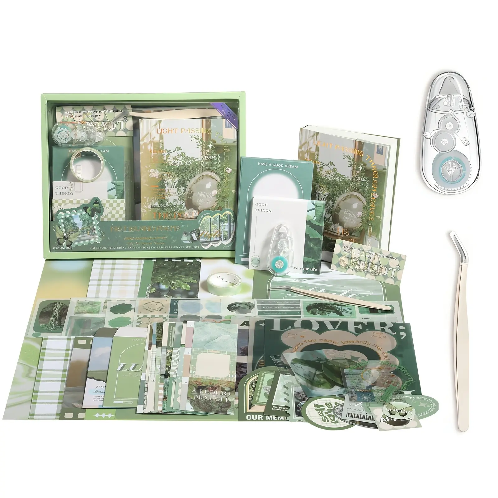 Green Aesthetic Scrapbook Journal Kit All-in-One with Adhesive Dots & Tweezers, Complete DIY Junk Journal Craft Supplies Set