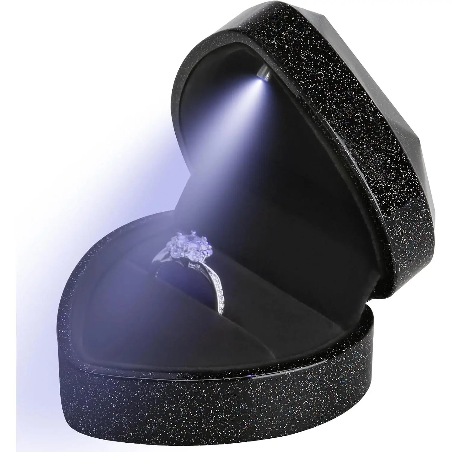 Heart Shaped Ring  Box with LED Light,  Earrings  Case with Light, Jewellry Display Box for Wedding, Engagement, Proposal, Birthday and Anniversary (Sky Black)
