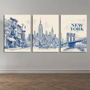 New York City Skyline Triptych Canvas Wall Art, Blue Sketch Urban Architecture Poster Set for Living Room Bedroom Office Hallway Decor, Available as Unframed Canvas Poster or Framed Canvas Wrap