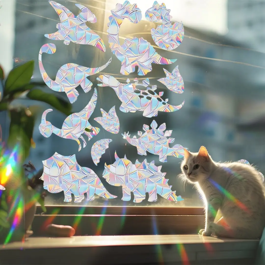 1 Sheet Dinosaur and Egg Window Clings Rainbow Anti-Collision Prisms Sticker, Window Stickers, Static Adhesive Residue Free Sun Catcher Film to Prevent Bird Strikes, 16mil Resuable Window Decals for Bedrooms, Playrooms, Sliding Doors, Holiday Gift