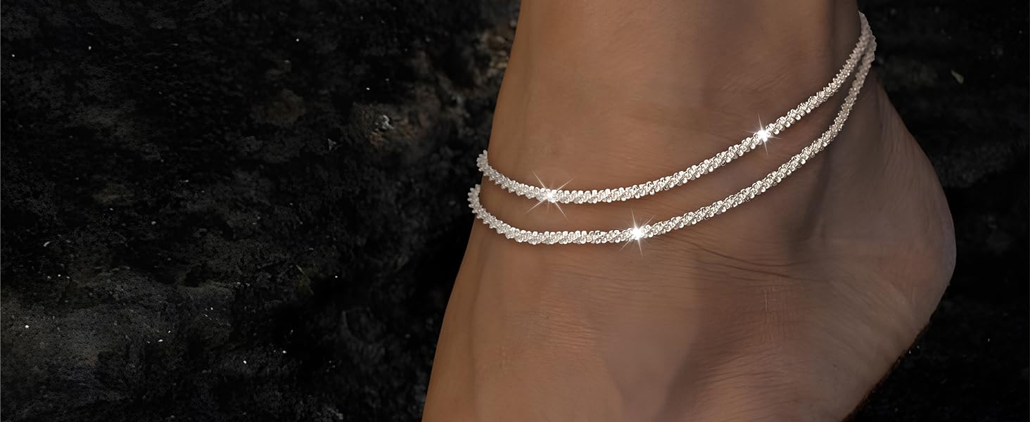 TEWIKY Dainty Layered Waterproof Anklet For Women Adjustable Womens Anklet Set Stackable Figaro BeadedCuban Link Spring Fashion Anklets Beach For Summer