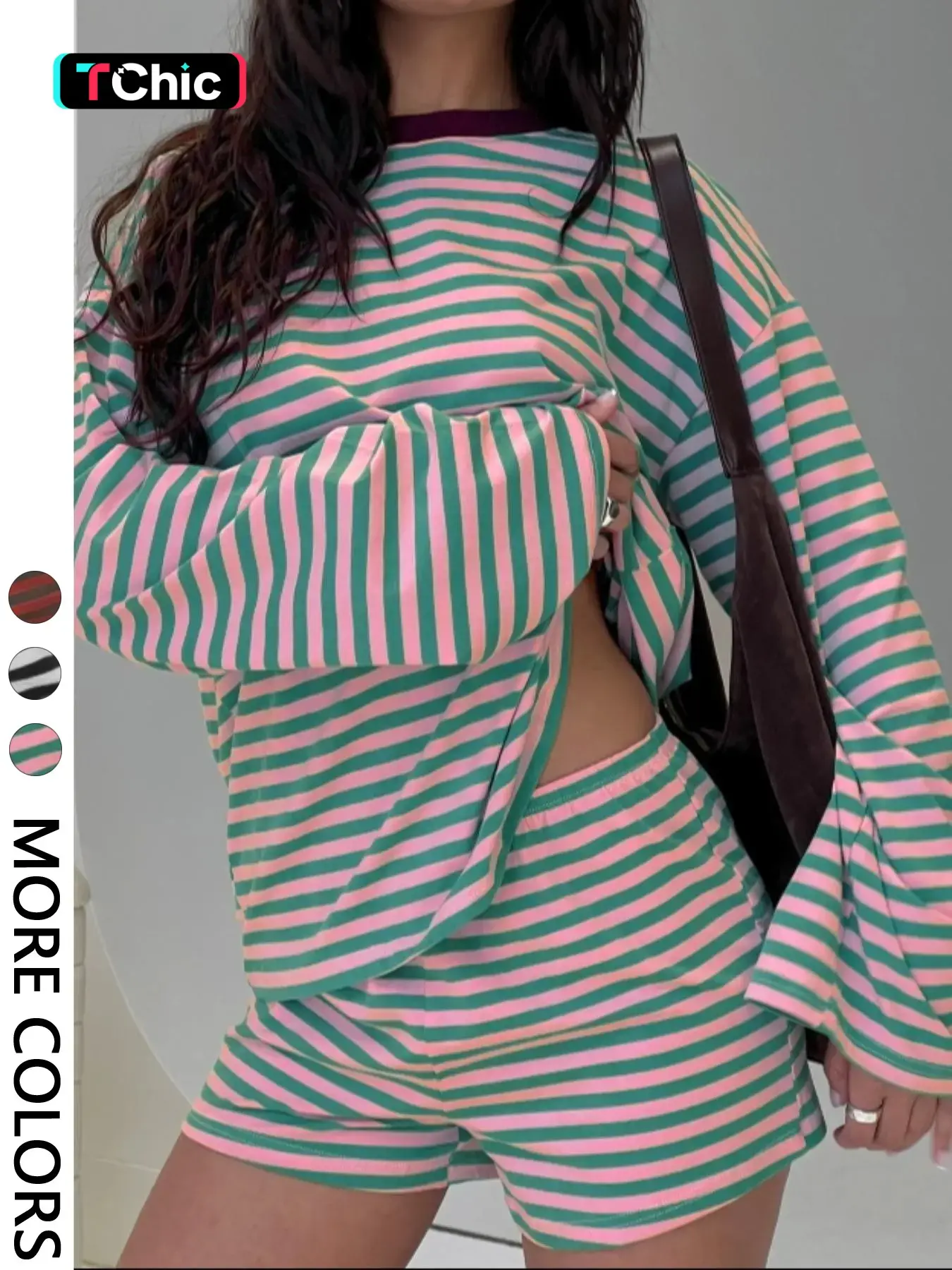 Valentine's Day Women's Casual Striped Long Sleeve Top & Shorts Set, Outfit, Loose Fit, All Season, Comfortable Travel Clothing for Daily Wear