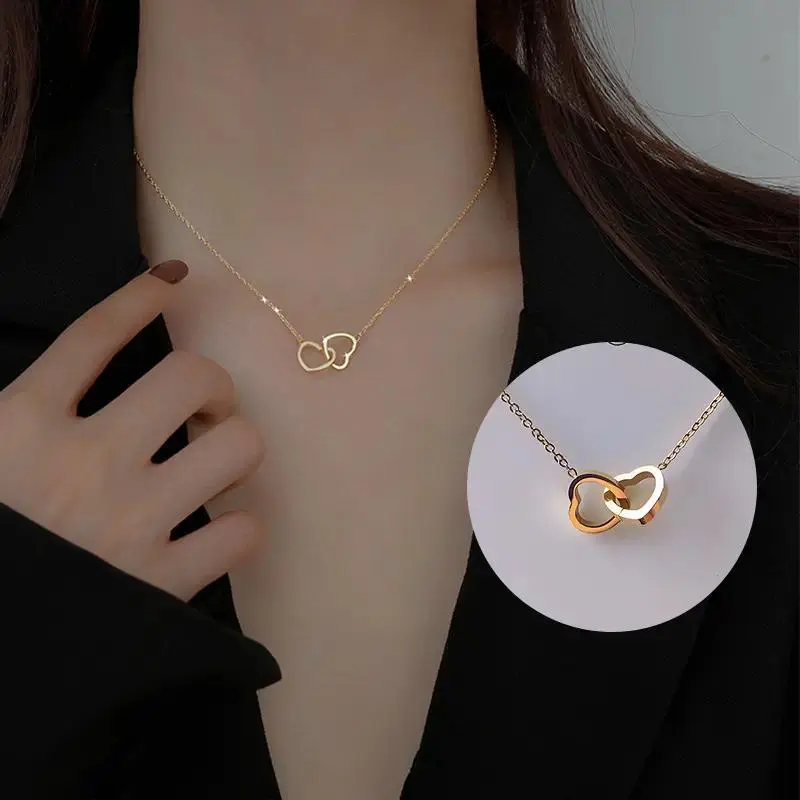 18K Rose Gold Double Circle Necklace, Korean-Style Minimalist Dainty Layered Interlocking Pendant, Non-Tarnish Waterproof Titanium Steel Hypoallergenic Fashion Jewelry, Daily Wear Valentine Gift for Her