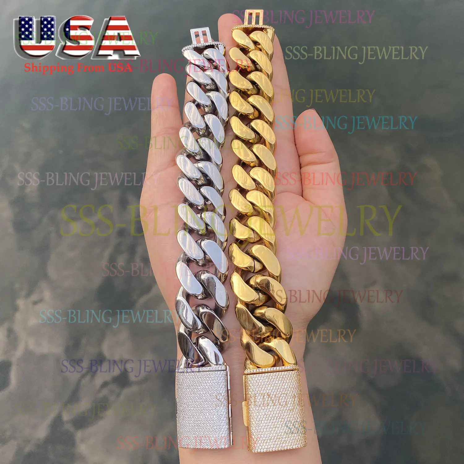Big Heavy Solid Stainless Steel Cuban Link Biker Rocky Chain Bracelet (12/14/18/20/22mm) – 14K Gold Plated with 5A Simulated Diamonds & Brass Clasp