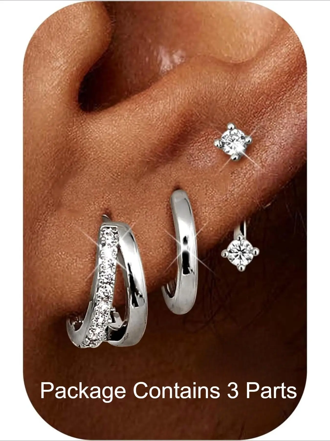 Finrezio 3 Pairs  Stud Hoop Earrings for Women 14K Gold Plated Hypoallergenic Earrings Stacks with Cubic Zirconia Huggie Silver Earrings Sets for Multiple Piercings Gold/Silver